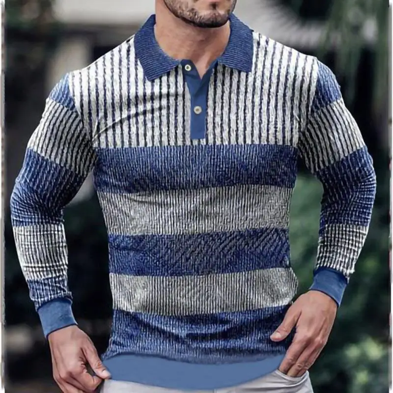 Spring and Autumn Men's Pullover Polo Collar Button Stripe Geometric Graphic Contrast Zipper T-shirt Polo Shirt Long Sleeve Tops