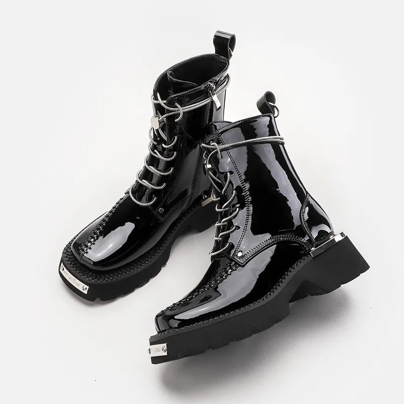 Retro Square Toe kobiety botki gruba podeszwa platforma Botas Mujer sznurowane krótkie botki metalowa ozdoba przypadkowi buty za kostkę kobieta