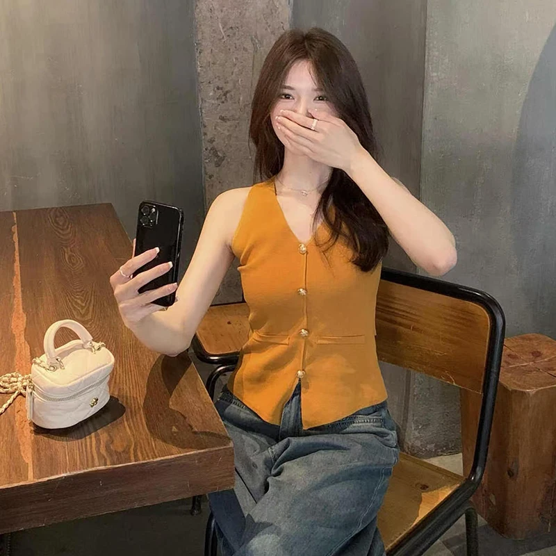 Knit Vest Women Cardigan Sweater Vintage Vest Sleeveless Knitted Vest Casual V-neck Lady Tops