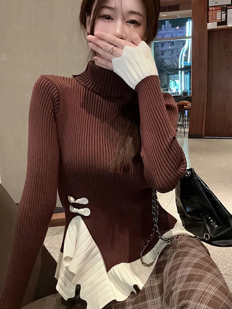 Jmprs Chic Ruffles Patchwork Sweaters Women Sweet Design Slim Korean Knitted Pullover Fall Fashion Irregular Turtleneck Jumper