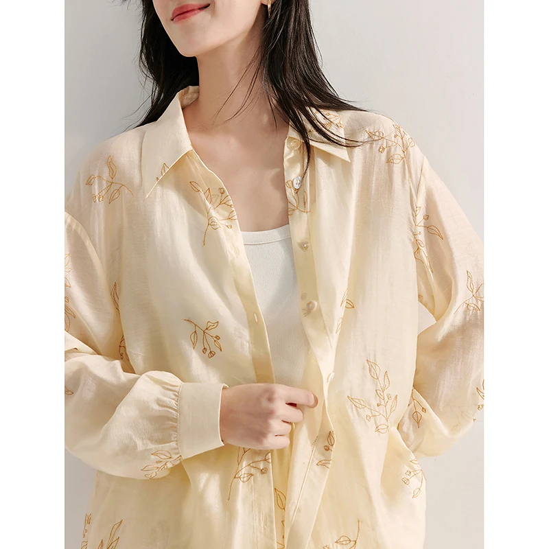 INMAN Neo-Chinese Style Shirt Lyocell 2024 Autumn embroidered blouse Women\'s long sleeve loose Tops