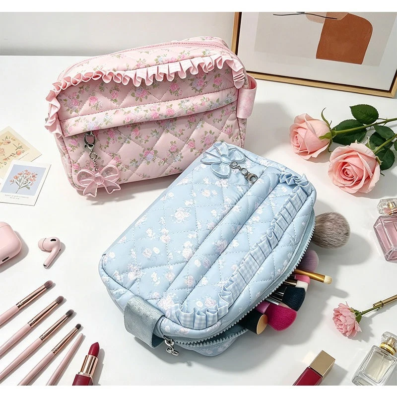 New Floral Ruffled Cotton Padded Cosmetic Bag  for Women Femal Zipper Travel Toiletry Organizer for Skincare Washing Case