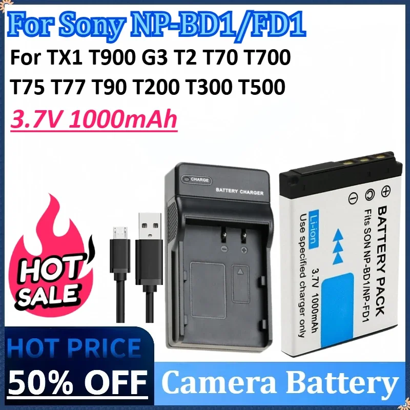 

New NP-BD1/FD1 3.7V 1000mAh Camera Battery for Sony TX1 T900 DSC-G3 T2 T70 T75 T77 T90 DSC-T200 DSC-T300 DSC-T500 + USB Charger