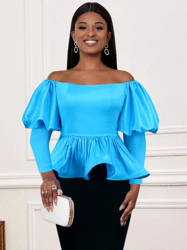 Evening Party Blouse Blue Cold Shoulder Long Lantern Sleeve Ruffles Birthday Cocktail Event Occasion Pullover Peplum Tops 2024