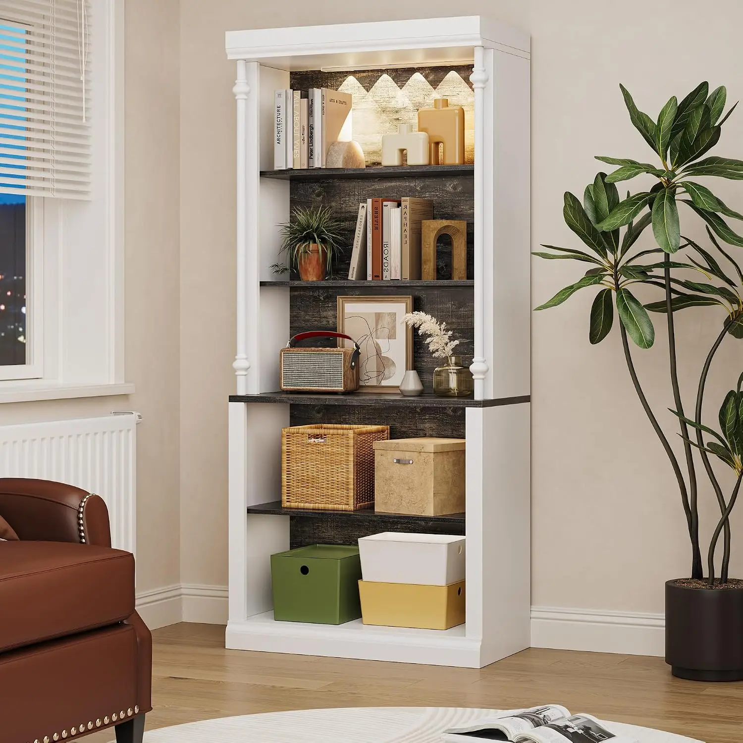 White 5-Tier Bookshelf Adjustable Shelves LED Light, Freestanding Display Cabinet Bedroom Living Room Office, Customized