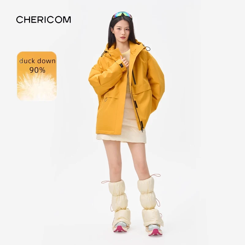 Chericom Short Down Jackets Zippered Slant Pockets Lightweight Hood Workwears Outdoor Thickened Windproof Winter Coats Y318108Y