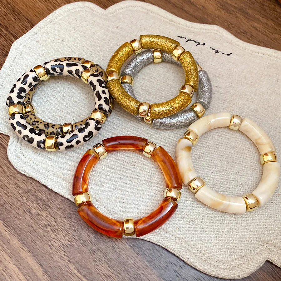 Splicing Bamboo Tube Acrylic Smudging Bangles for Women Men Fashion Geometric Elastic Bracelets Bangles Jewelry Couple Gifts F