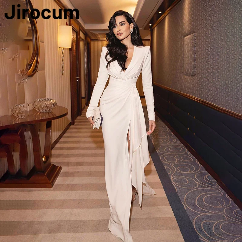 

Jirocum Mermaid Evening Gown Women's V Neck Simple Long Sleeve Party Prom Dress Floor Length Side Slit Special Occasion Dresses