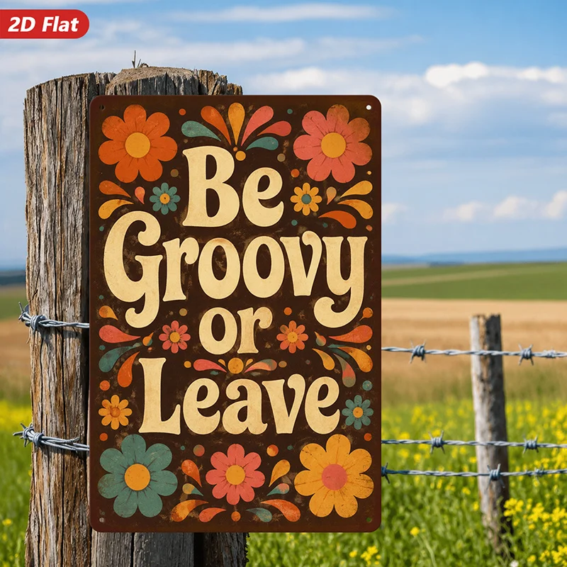 2D Flat, 1pc Metal Sign Wall Art, Retro Floral Pattern, Groovy Quote 