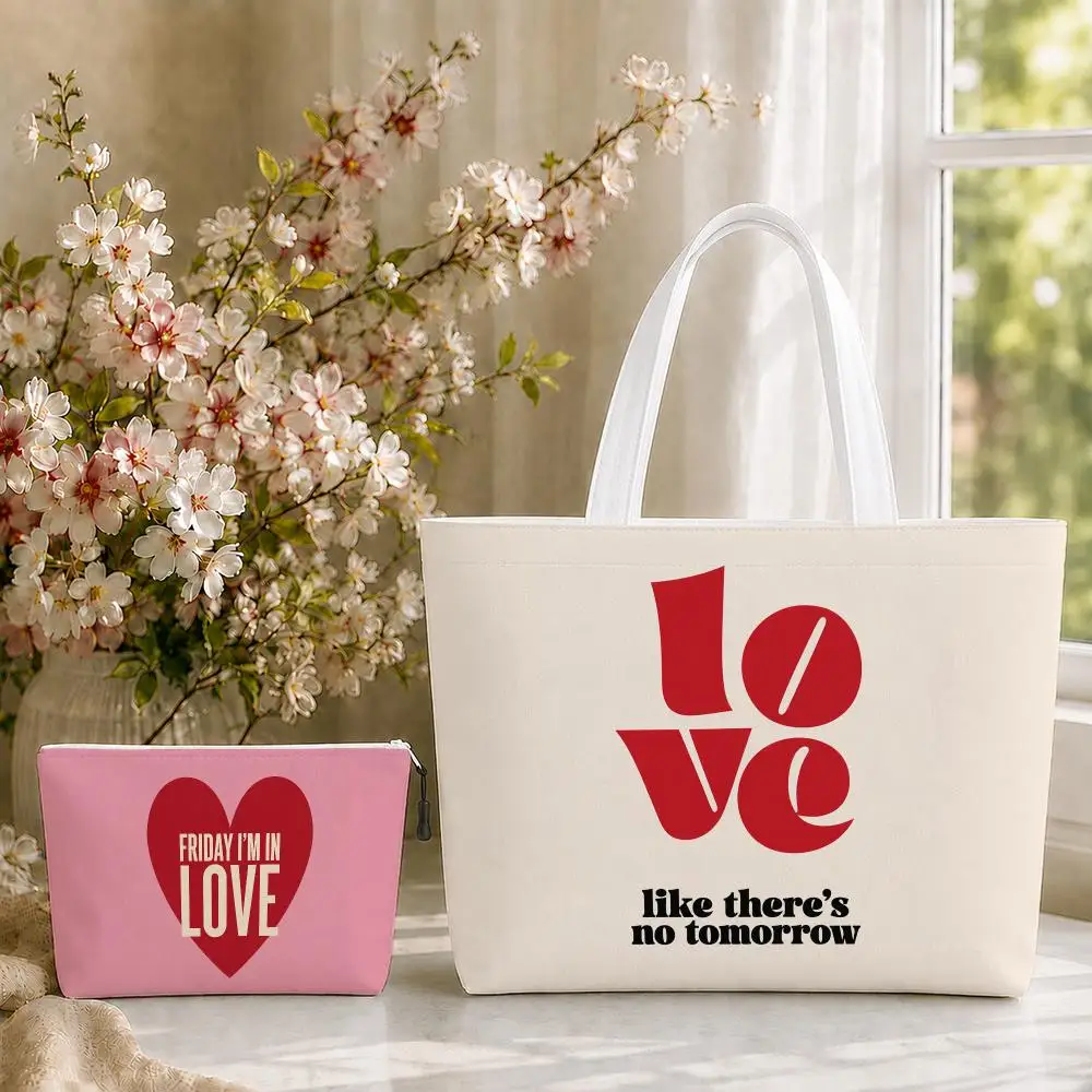 Music Pink Colors Love Lyrics Storage Bags 2-Piece Set Double-Sided Print with Zipper Canvas Shopping Tote Bag Work Travel Set
