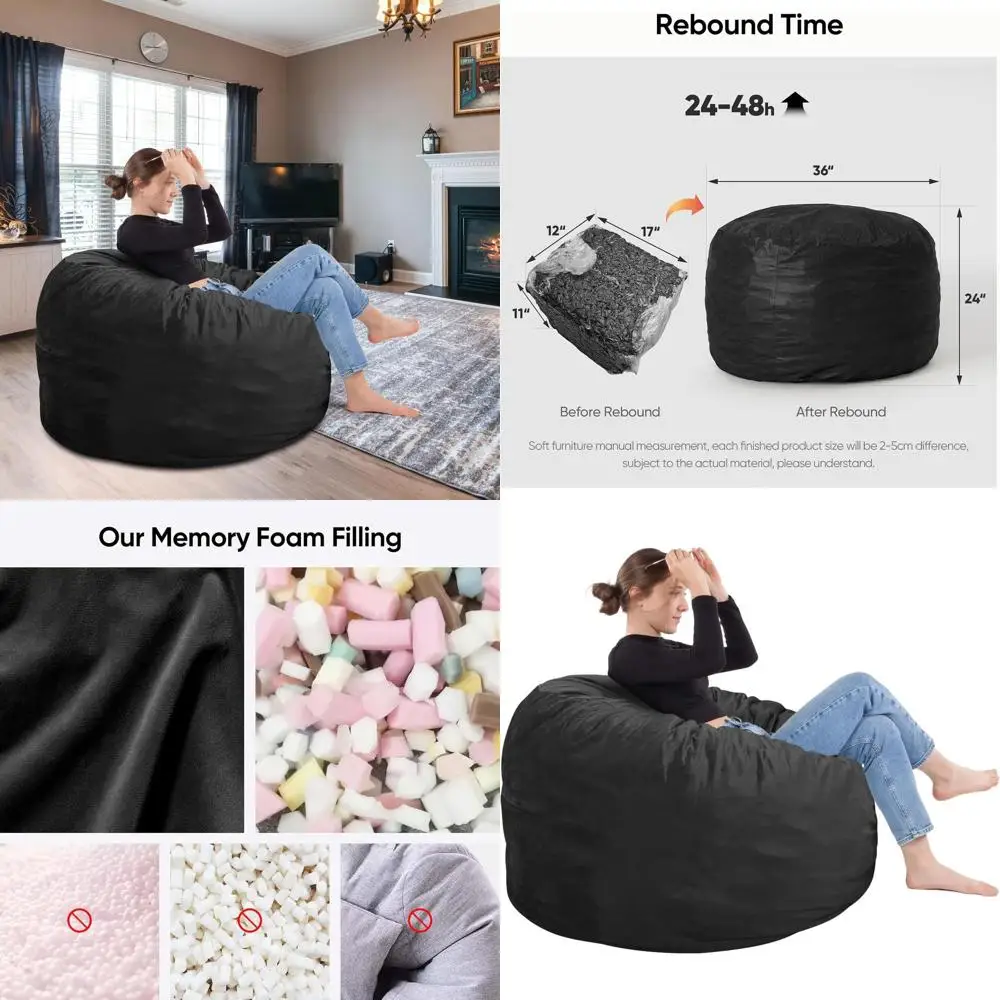

Memory Foam Filled Velvet Bean Bag Chair for Adults & Teens, Removable Cover, Ideal for Living, Bedroom, Gaming Rooms, Black
