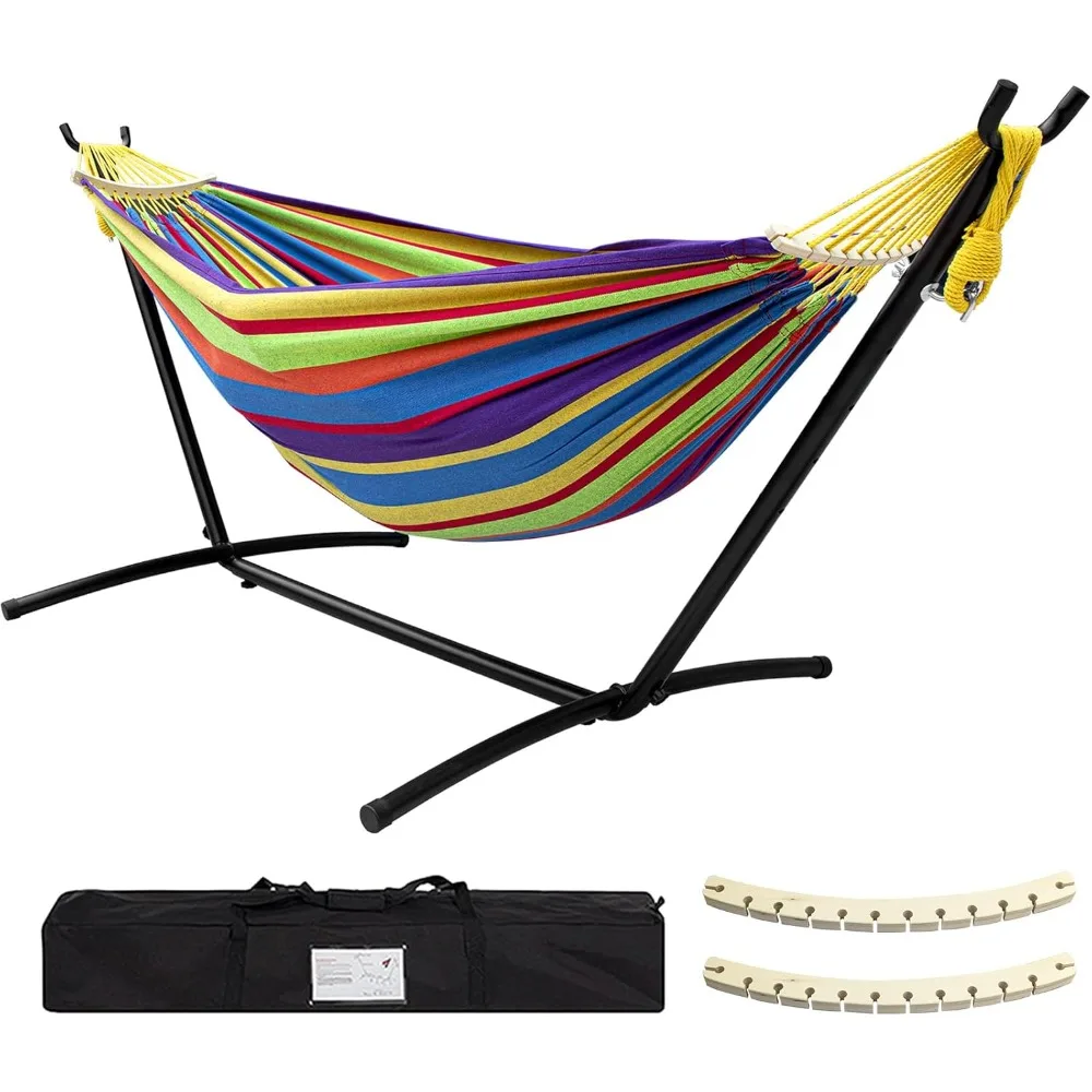 

Double Hammock with Stand Included 450lb Capacity Steel Stand, Premium Carry Bag Included and Two Anti Roll Balance Beam.Hammock