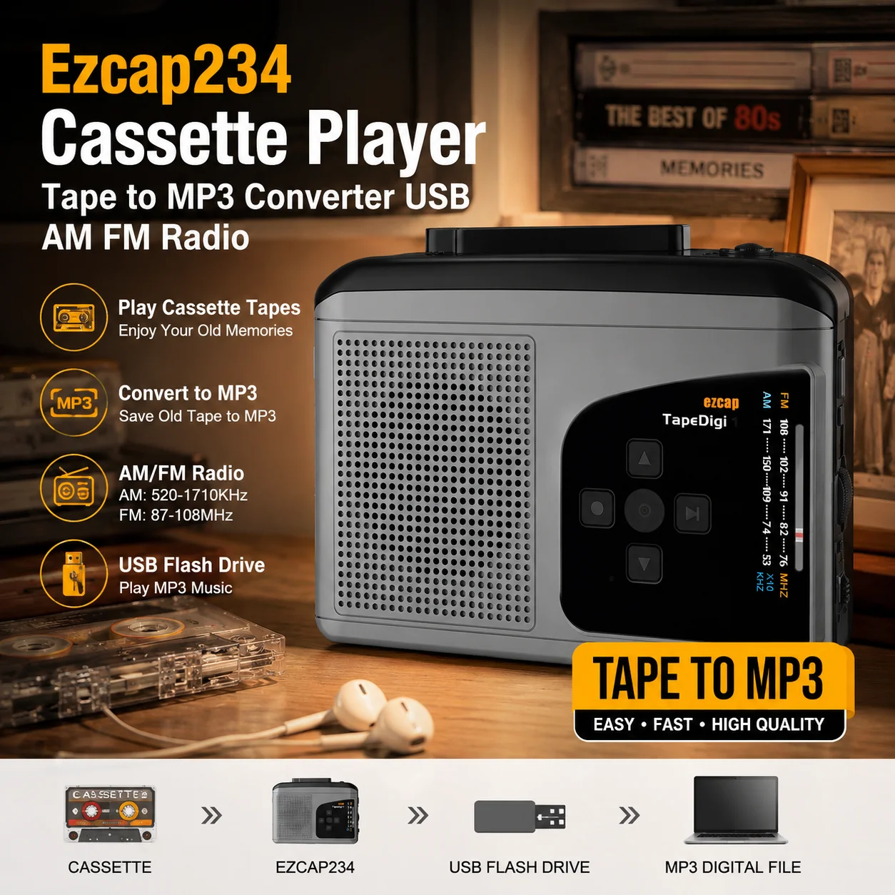 

Ezcap234 Cassette Player Tape to MP3 Converter Walkman AM FM Radio USB Capture Recorder Speaker TF Card Retro Music