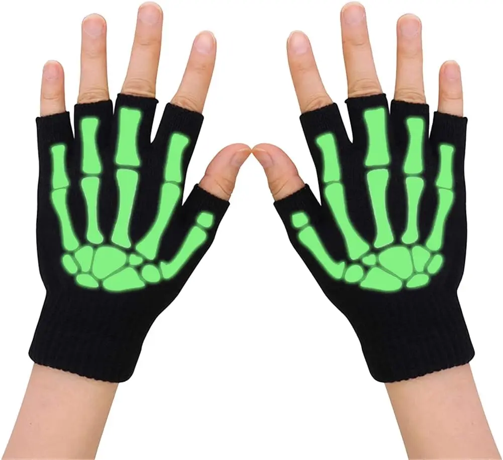 Criança crianças halloween esqueleto luvas sem dedos crescer crânio metade dedo luvas estiramento malha luvas traje de halloween