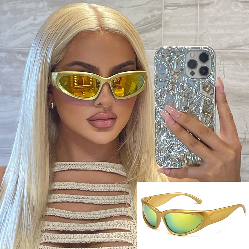 Polarized Y2k Wrap Around Women Sunglasses Futuristic Gold Mirror