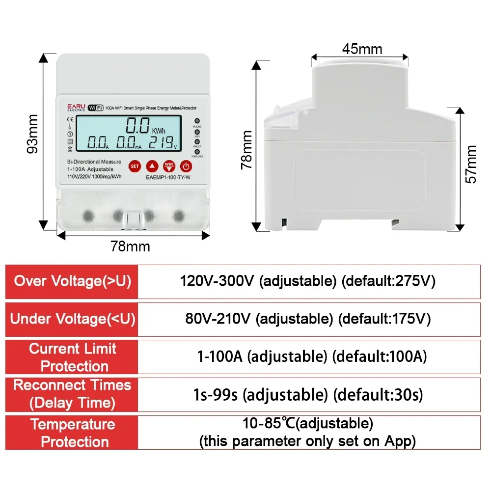 100A Tuya WiFi Smart Single Phase Energy Meter Over Under Voltage Protector Relay Switch Bi-Directional Measure kWh Power Meter