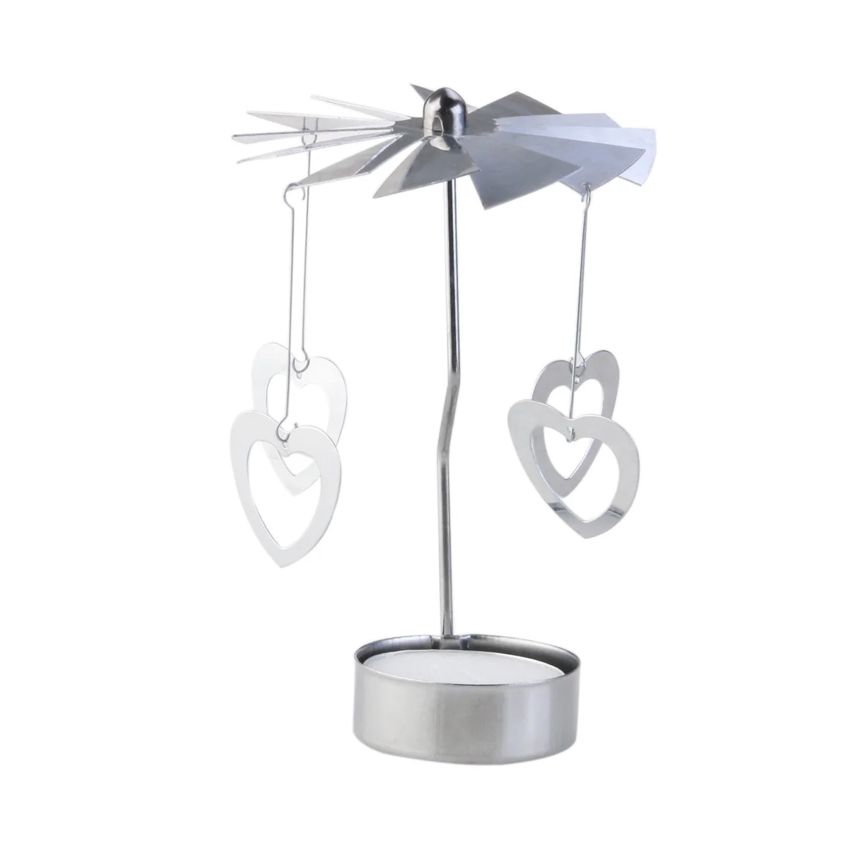 

Rotary Heart Pattern Tealight Holder Silver Alloy Plated Iron Romantic Spinning Carousel Tea Light Stand for Party Home