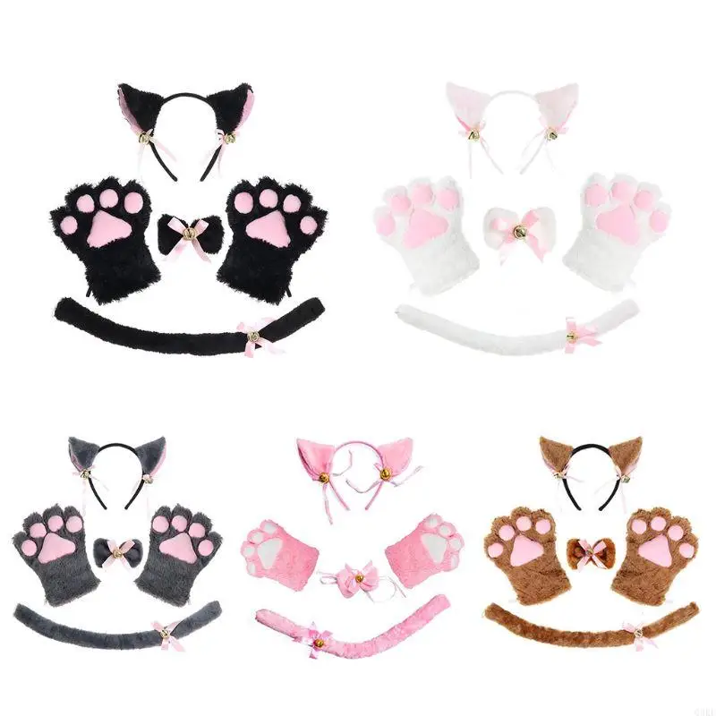 Q0KE for Cat Cosplay Costume 5Pcs Kitten Tail Ears Collar Paws Gloves Anime Gothic Maid Halloween Masquerade Accessori