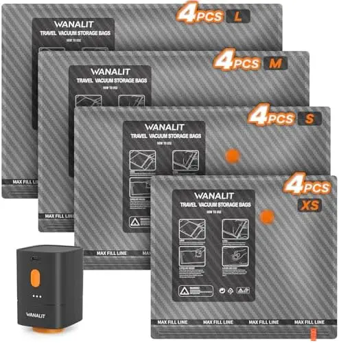 

Travel Vacuum Bags 16-Pack with Wireless Pump – Space-Saving Compression Storage for Luggage & Home