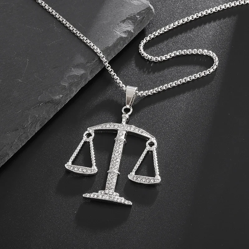 Iced Out Scales of Justice Pendant Bling Cubic Zirconia Libra Necklace Men Women Punk Hip Hop Rock Party Jewelry