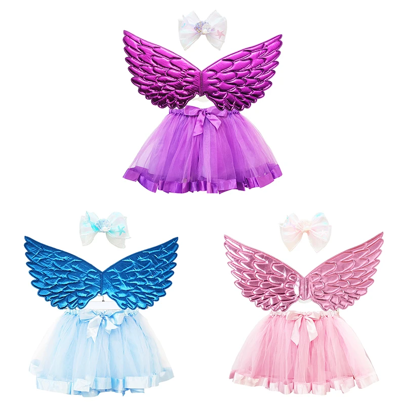

Girl Colorful Tutu Skirt Ocean Iridescent Pearl Shell Bowknot Wings Set Mermaid Themed Party Costume