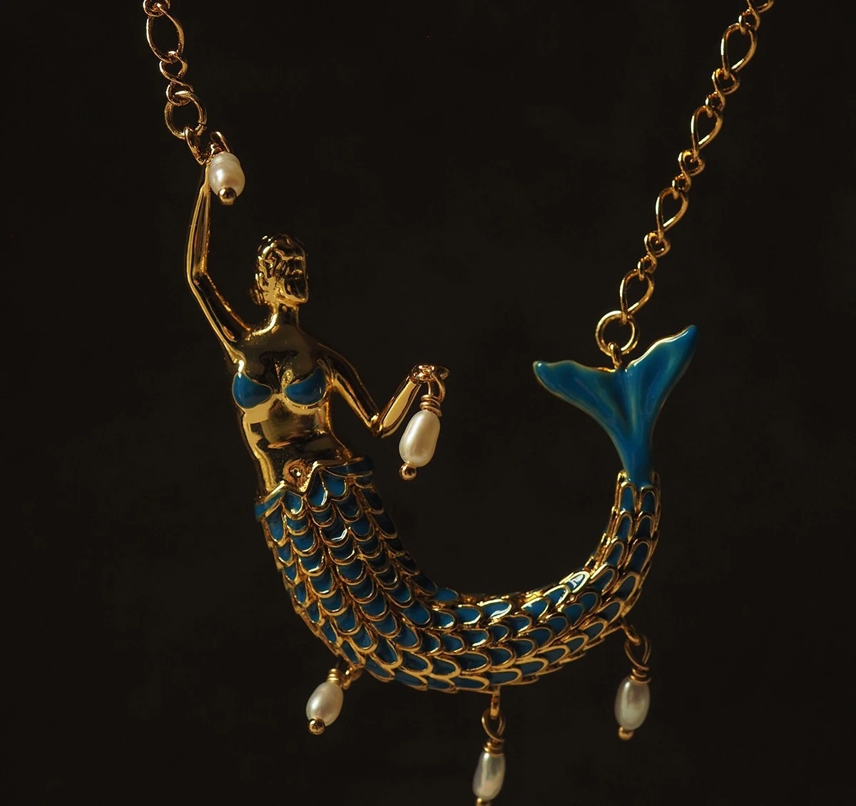 Original Luxury Designer Vintage Unique Pearl Mermaid Necklace The Little Mermaid Pendant Neck Chain Necklace 14K Gold Jewelry