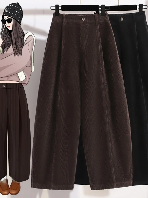 plus Size Corduroy Straight Leg Pants Autumn Winter New Style Korean High Waist Wide Leg Boots Friendly for plus Size Women