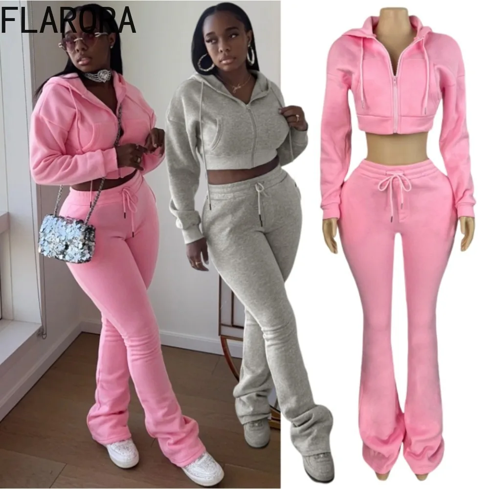 

FLARORA Autumn Sporty 2 Piece Sets Woman Solid Color Hooded Zip Crop Tops And Drawstring Flare Pants Outfits Street Tracksuits