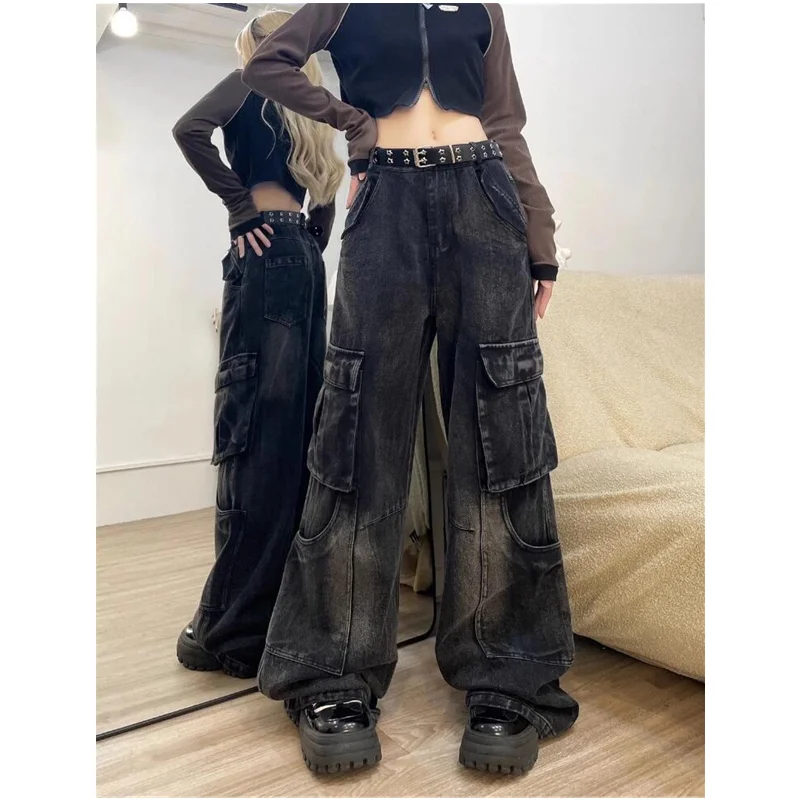 

Black Women's Jeans Hip-hop Fashion Vintage Streetwear Y2K Wide Leg Straight Jeans High Waist Trouser Baggy Cargo Denim Pants