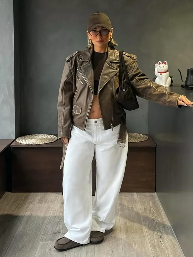 Moda sólida lapela jaqueta de couro curto feminino manga cheia bolsos com zíper casaco solto senhora 2025 outono diário deslocamento rua wear