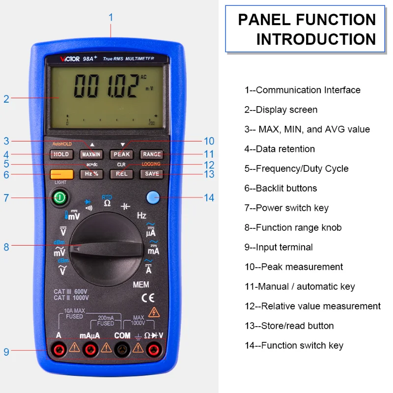 Victor 98A Multimeter TRUE RMS 22000 Counts RTD PT100 Thermocouple Tester LCD Backlight Portable USB AC/DC Ammeter Ohm Voltmeter