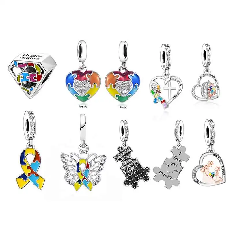 

Fit Original Brand Charm Bracelet 925 Sterling Silver Autism Awareness Puzzle Piece Super Mama Beads For Making Women Berloque