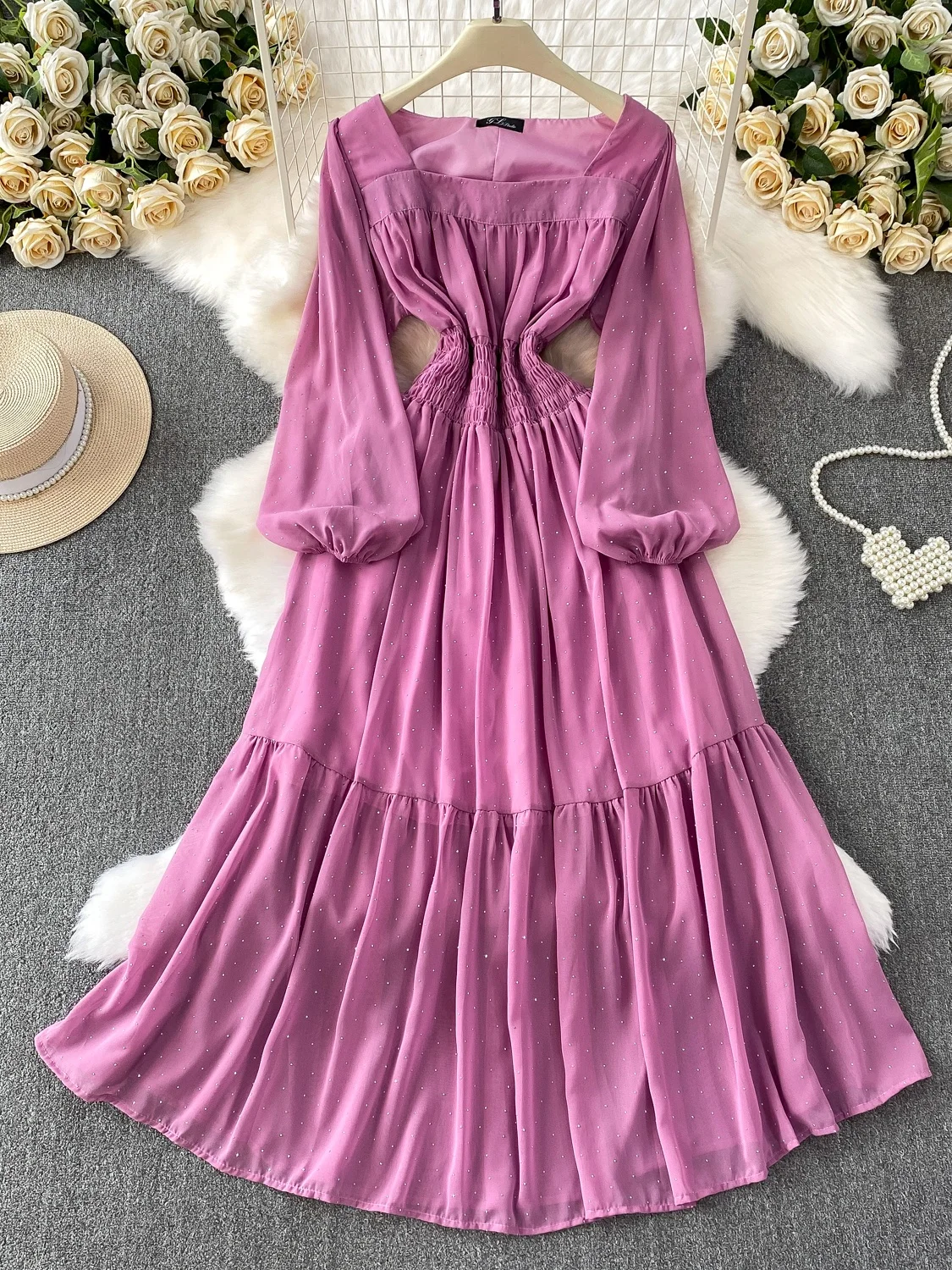 Ele High-End Sparkling Evening Dr Square Ne Long Skirt Women's Summer Elastic Pleated Waist Contraction Dr