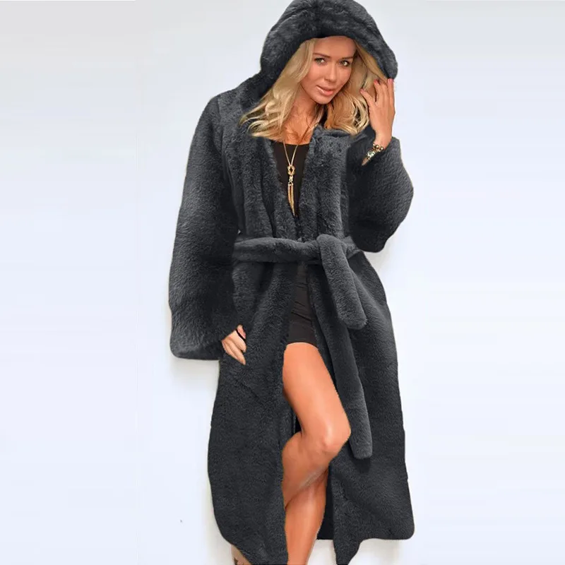 Women Fall Winter New Faux Fur Coat Hooded Cotton Thickened Long Plush Fur Coat Windbreaker Jackets for Women Coats