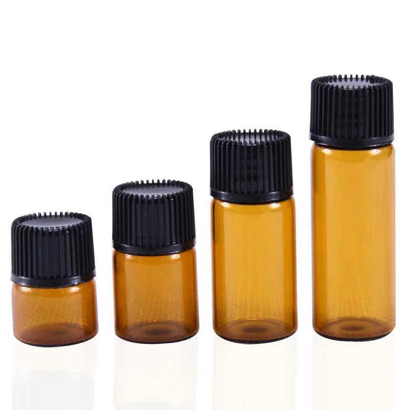 100pcs/lot 1ml 2ml 3ml 5ml Mini Amber Glass Essential Oil Bottle With Black Cap Brown Glass Bottle Sample Test Refillable Bottle