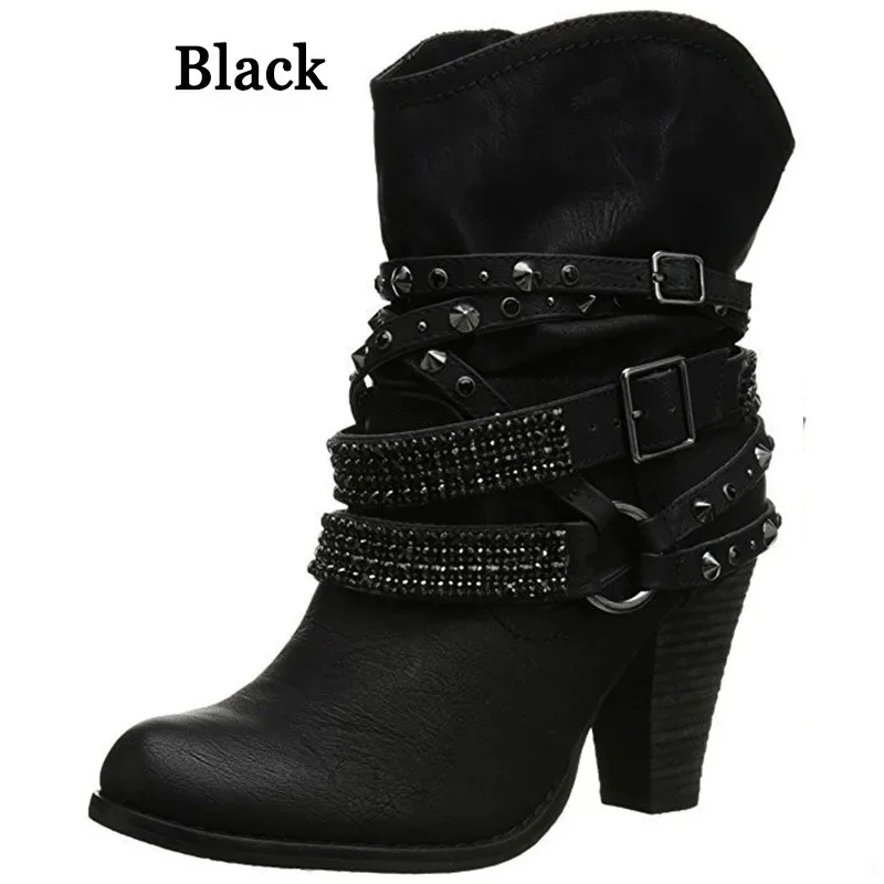 Autumn Winter New Women Mid-Calf Boots Rivet Metal Decoration PU Square Heel Belt Pleated Sexy Plus Size 36-43 Women Shoes