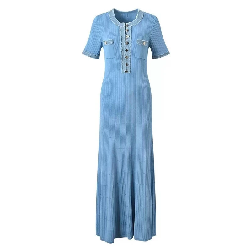 STYLISH LADY Denim Patchwork Knitted Dress 2025 Autumn Women Short Sleeve O Neck Button Bodycon Elegant OL Party Maxi Dresses