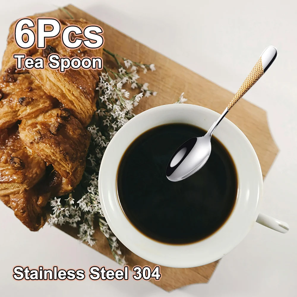 

5.78in Stainless Steel Coffee Spoons 6 Pieces Gold Dessert Teaspoon Silver Metal Stiring Spoon Small Cutlery Dishwasher Safe