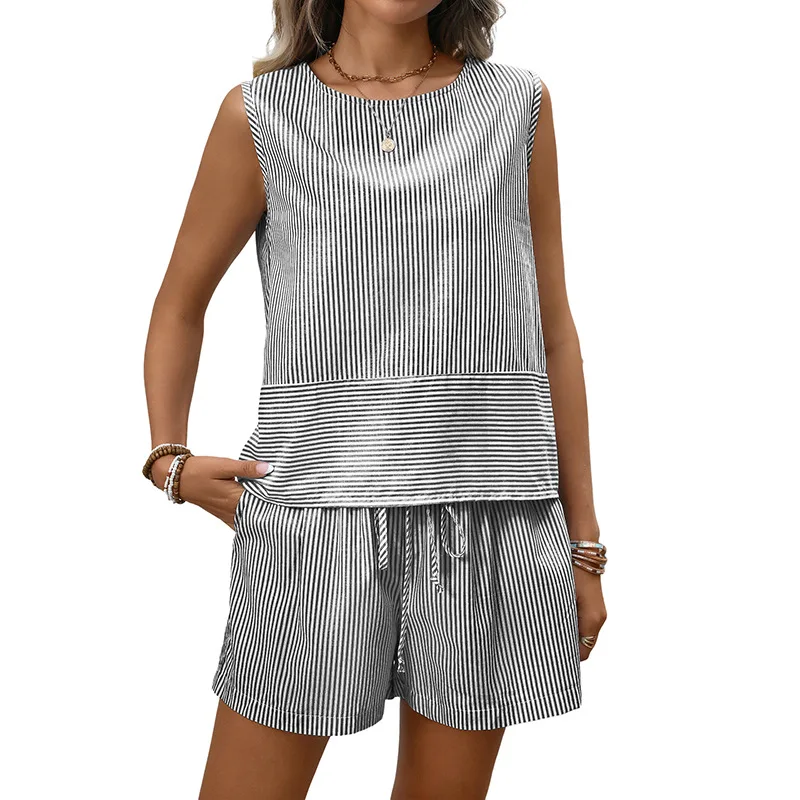 

Sleeveless Round Neck Vest Striped Top High Waist Drawstring Shorts Two-piece Sets Women's Casual Beach Vacation Summer New Sets