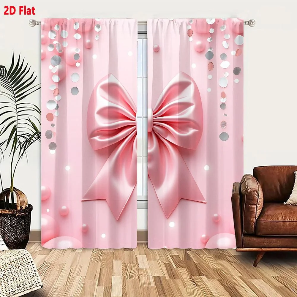2Pcs Curtains Pink Ribbon Bow With Confetti And Pearls For Gift Giving Window Drapes for Bedroom Room Decor Decoration Window Tr
