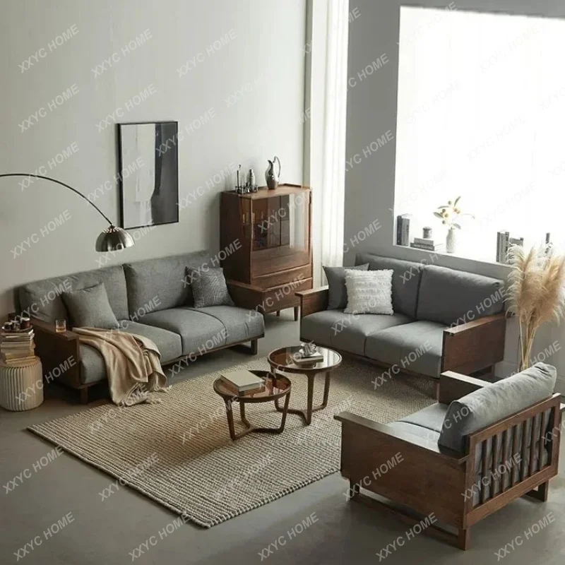 XX black walnut solid wood sofa living room wooden simple modern furniture small apartment fabric wood