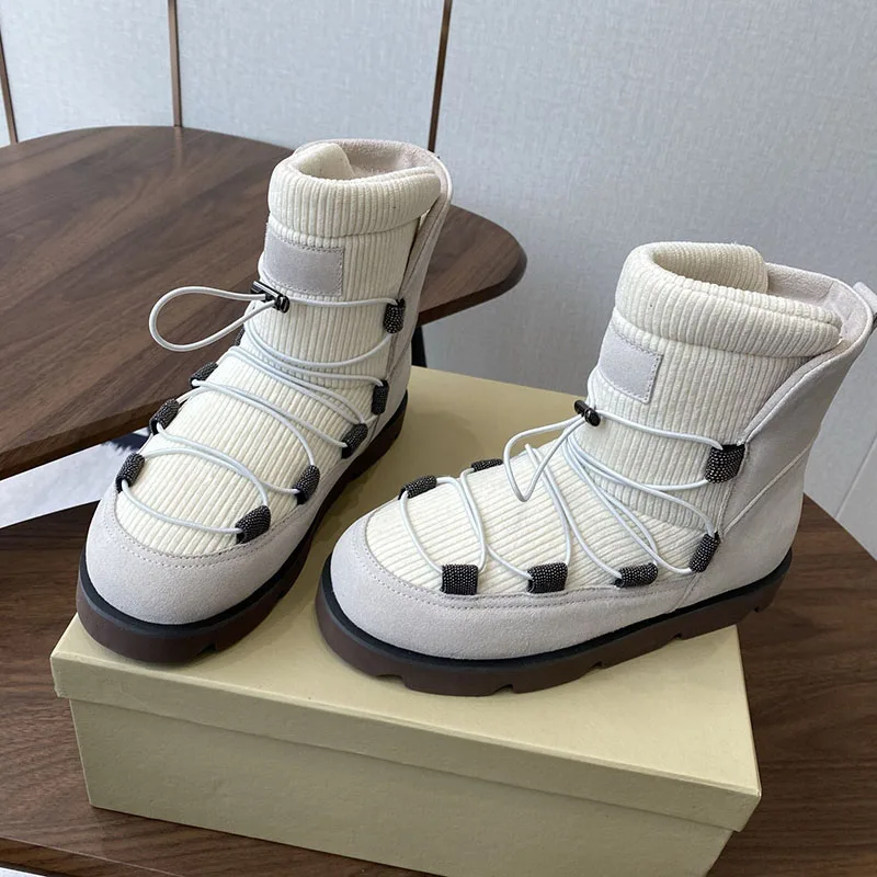 Snow Boots Women String Bead Decor Thick Bottom Non-slip Short Boots Winter Cross-tied Design Plush lining Keep Warm Ankle Boots