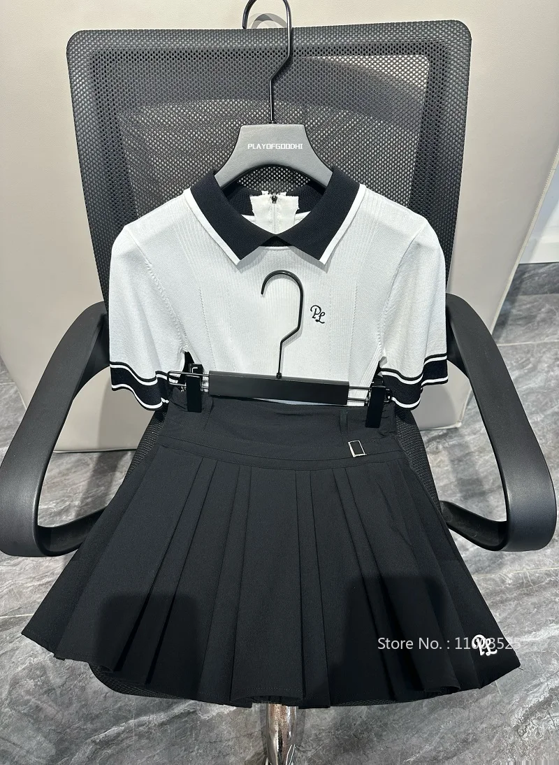 PL Golf Women Polo Shirts Knitted Tennis Sports Top Breathable Short-sleeve T-shirt Pleated Skirt A-lined Leisure Skorts Ladies