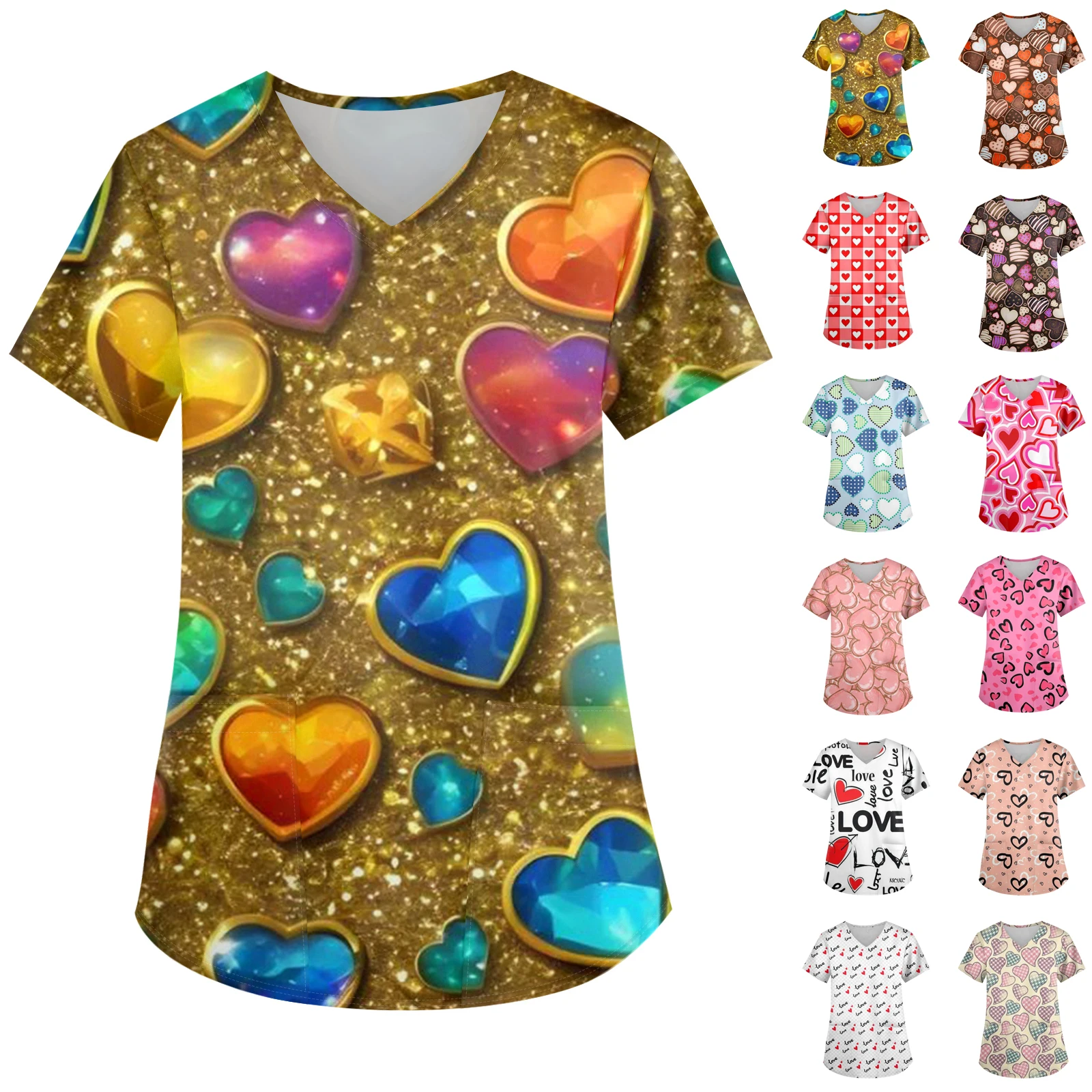 Nurse Uniform Printed Pattern Fashion Nurse'S Top Valentine'S Day Outfits V-Neck Caregiver Top T-Shirts For Women