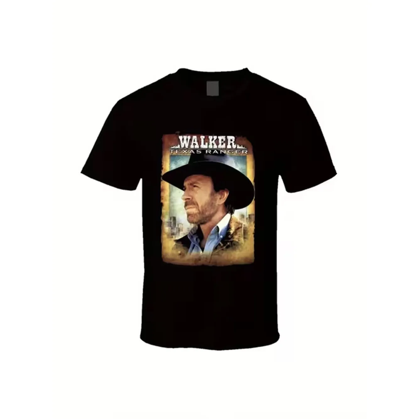 Mens plus size black graphic t shirt featuring a cowboy hat design with walker print on vintage style background casual wear for fans of western theme and