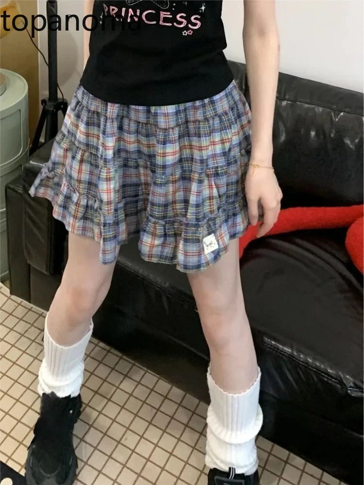 

Topanoma Plaid Skirts Women Ruffles Patchwork High Waist Vintage Summer Fashion Ruched Cake Mini Skirt Female Casual Chic