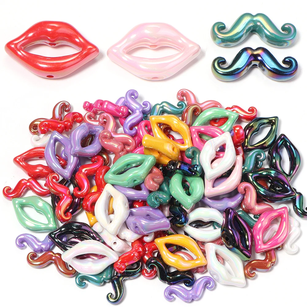 10pcs Candy Color Acrylic Beads Cute Mouth Lip Beard Shape Loose Beads For Jewelry Making DIY Bracelets Phone Chain Keychain