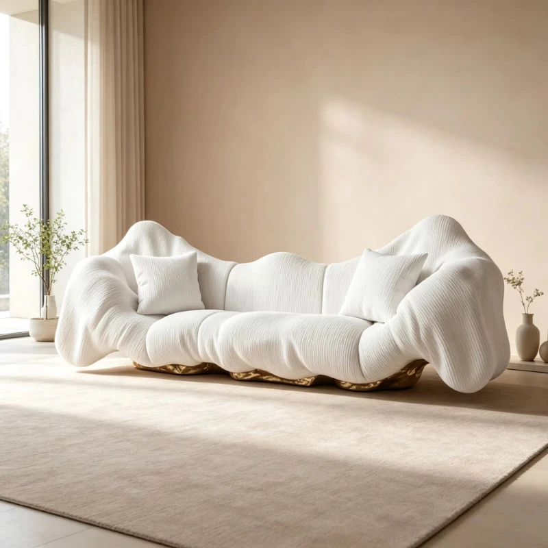 Modern organic luxury cloud wave sofa, white fabric, gold-plated metal base, suitable for villa hotel furniture