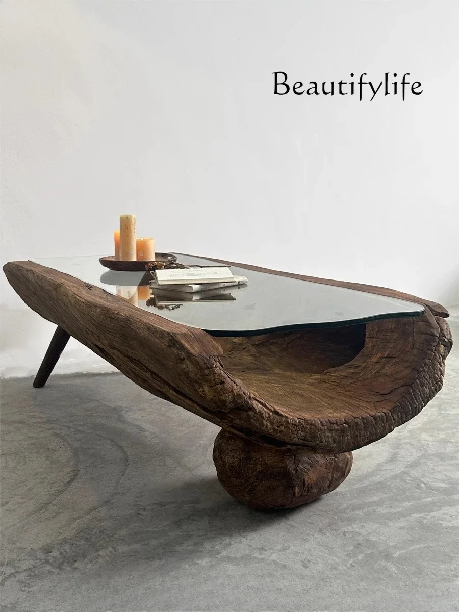 BJ All Solid Wood Special-shaped Glass Tea Table Living Room Household Solid Wood Coffee Table B & B Balcony Casual Fashion