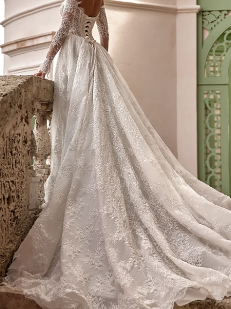 أنيقة قبالة الكتف الدانتيل كم كامل الدانتيل يصل ألف خط فساتين زفاف العروس أثواب الزفاف حسب الطلب